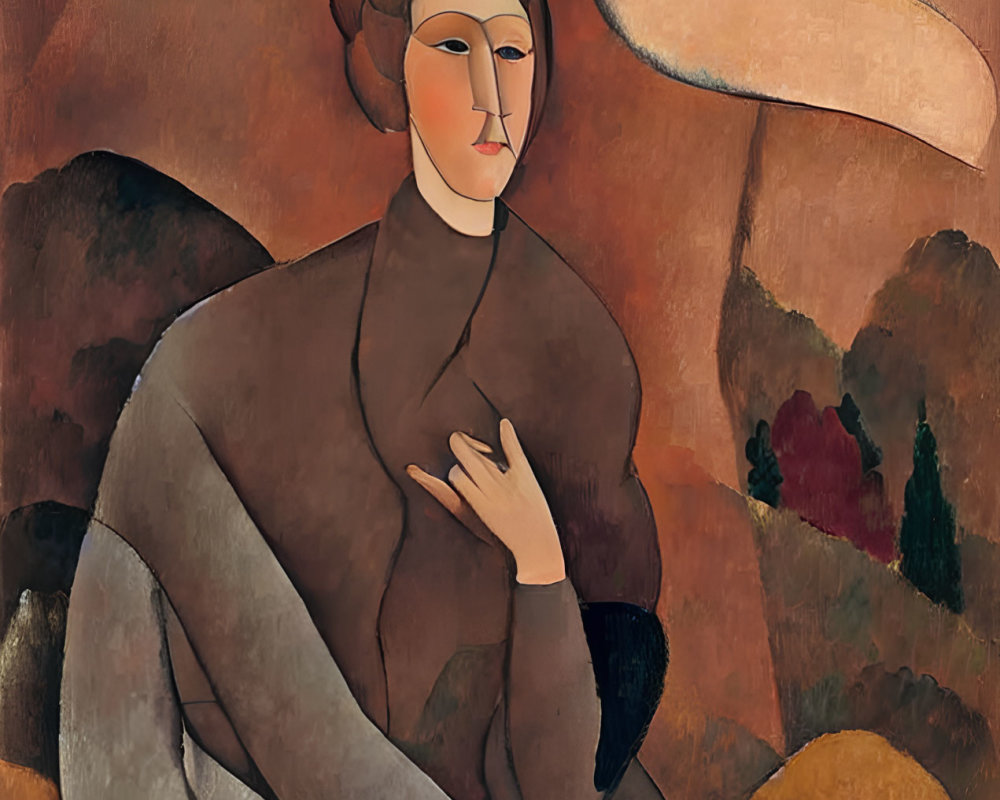 Abstract painting of stylized woman in earthy tones with serene expression