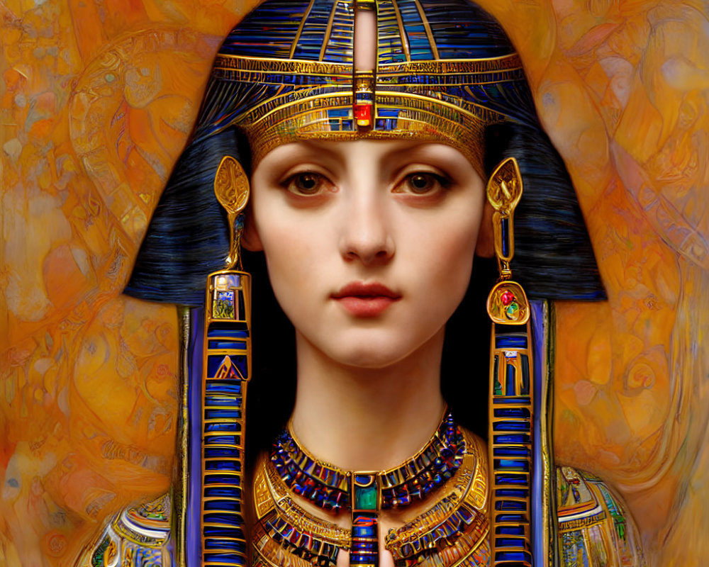 Ancient Egyptian woman with elaborate headdress and jewelry on vibrant background