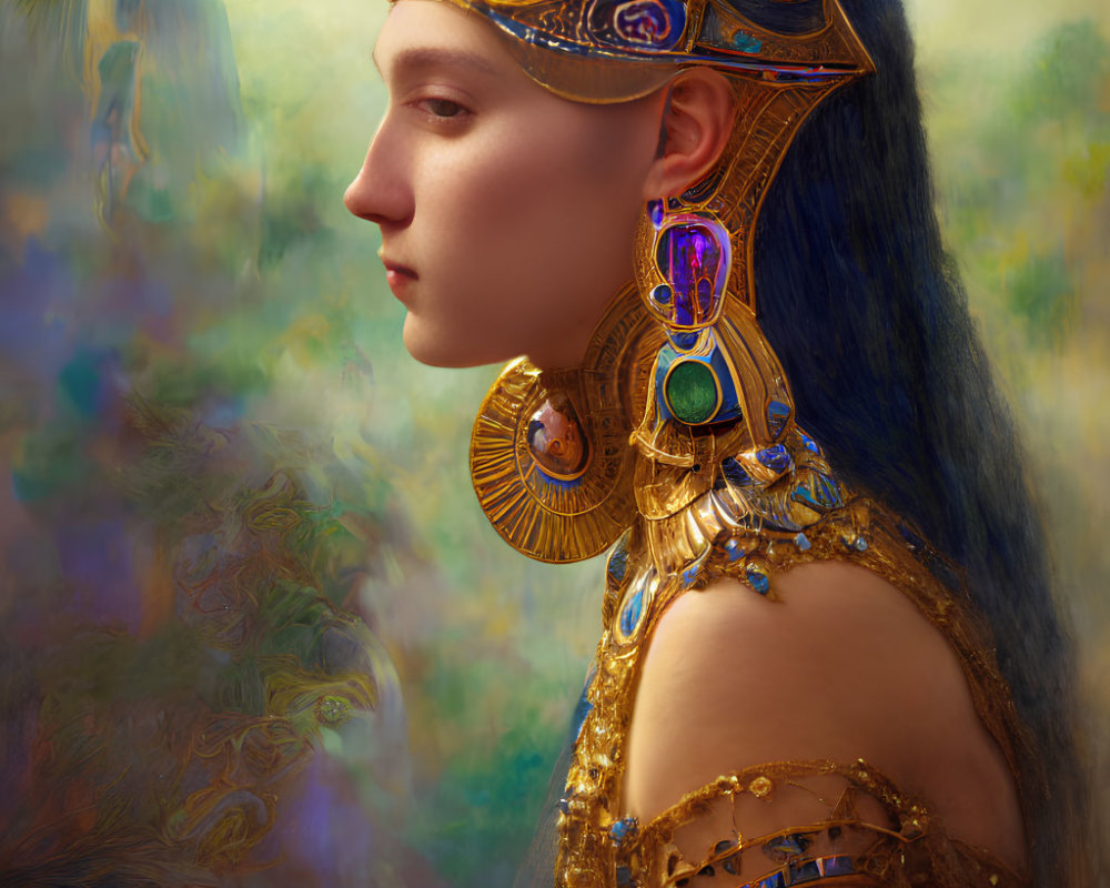 Profile view of woman in golden jewelry with blue gem-studded headdress