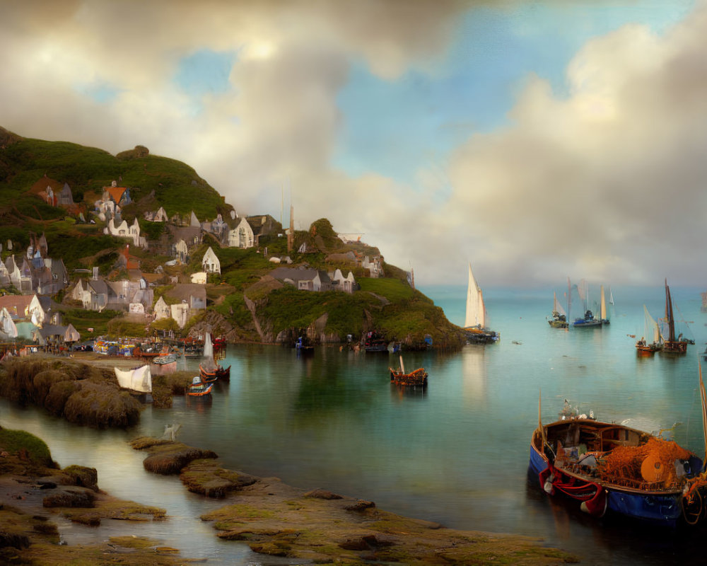 Picturesque coastal village with hillside houses, serene bay, and clear sky