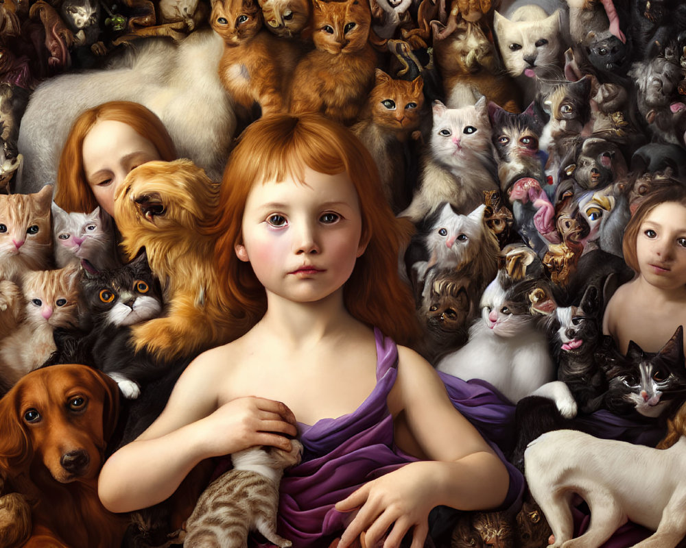 Young girl with cats and dogs in textured painting-style image