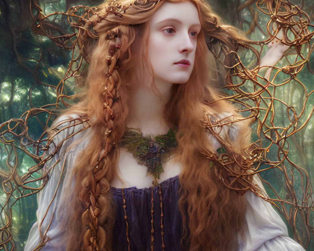 Fantasy portrait: Woman with braided hair, twig crown, purple dress, in mystical forest