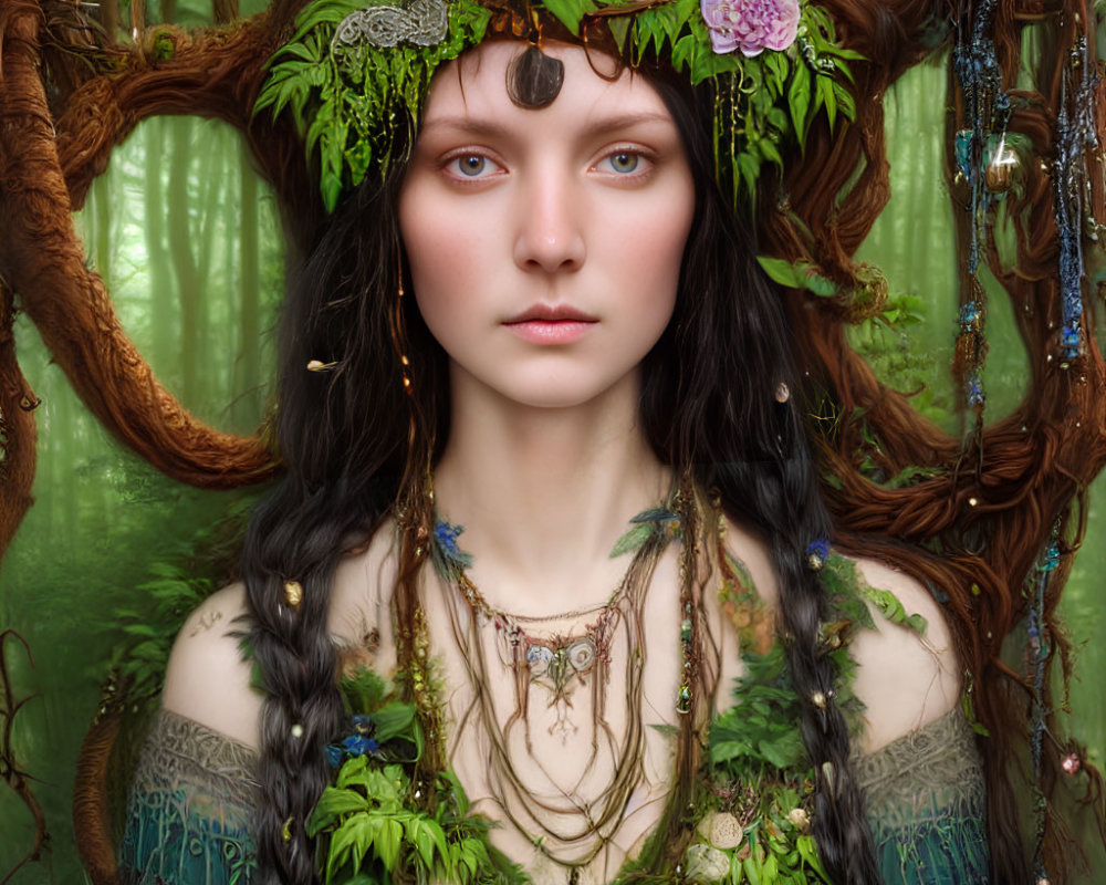 Dark-haired woman with greenery and floral jewelry in mystical forest setting