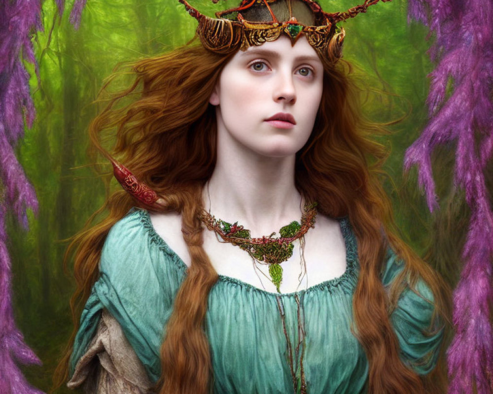 Red-haired woman in medieval green dress and gold headdress against forest backdrop