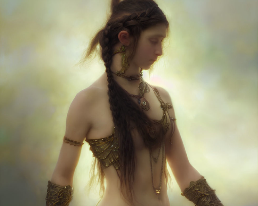 Woman in ornate tribal attire with braided hair in soft-focus fantasy setting