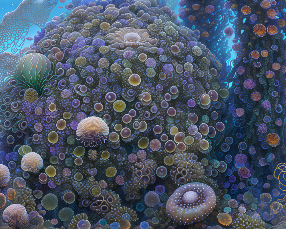 Colorful Underwater Digital Art with Coral-Like Structures and Bubble Elements