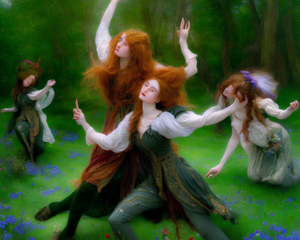 Women dancing in mystical forest with flowing hair and dresses.