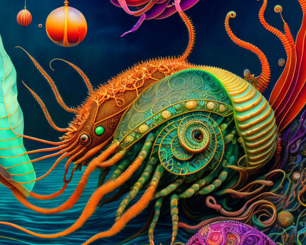 Colorful Sea Creature with Ornate Shell Patterns and Intricate Tentacles