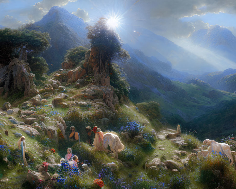 Serene sunrise mountain landscape with people, goats, lush greenery, and blooming flowers