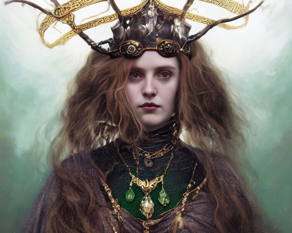 Young woman with intense gaze wearing dark crown and ornate jewelry on green background