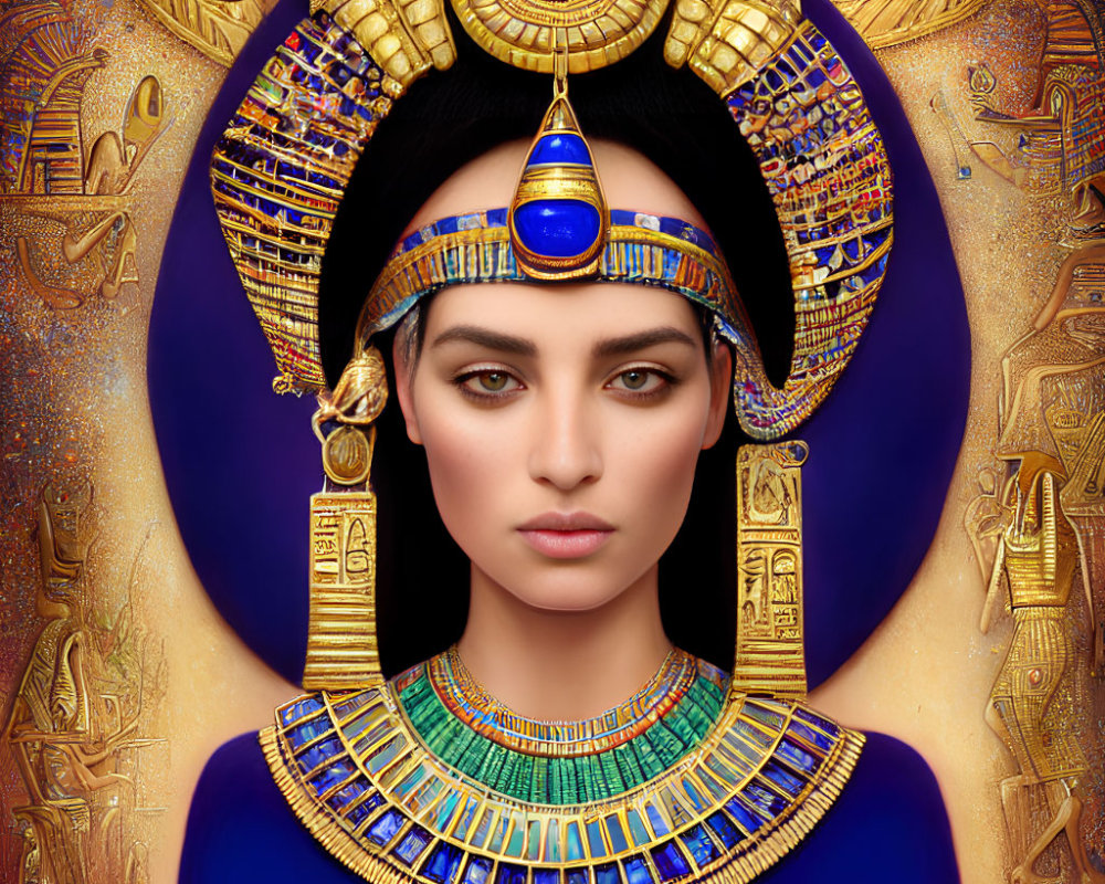 Woman in Ancient Egyptian attire with regal aura among golden hieroglyphics