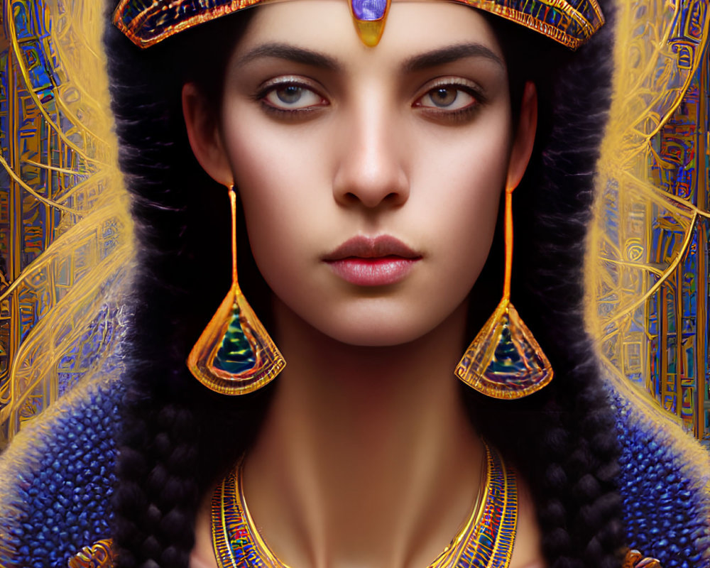 Egyptian queen with headdress, earrings, and necklace on hieroglyphic backdrop