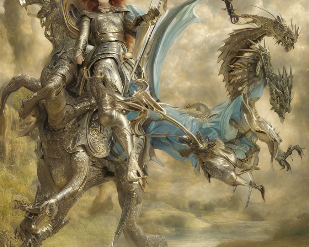 Female warrior in ornate armor battles hydra on metallic steed in mystical forest