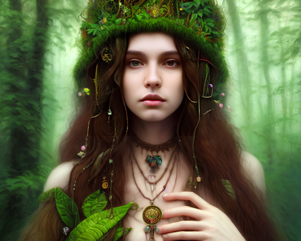 Mystical woman in nature-themed attire among misty woods