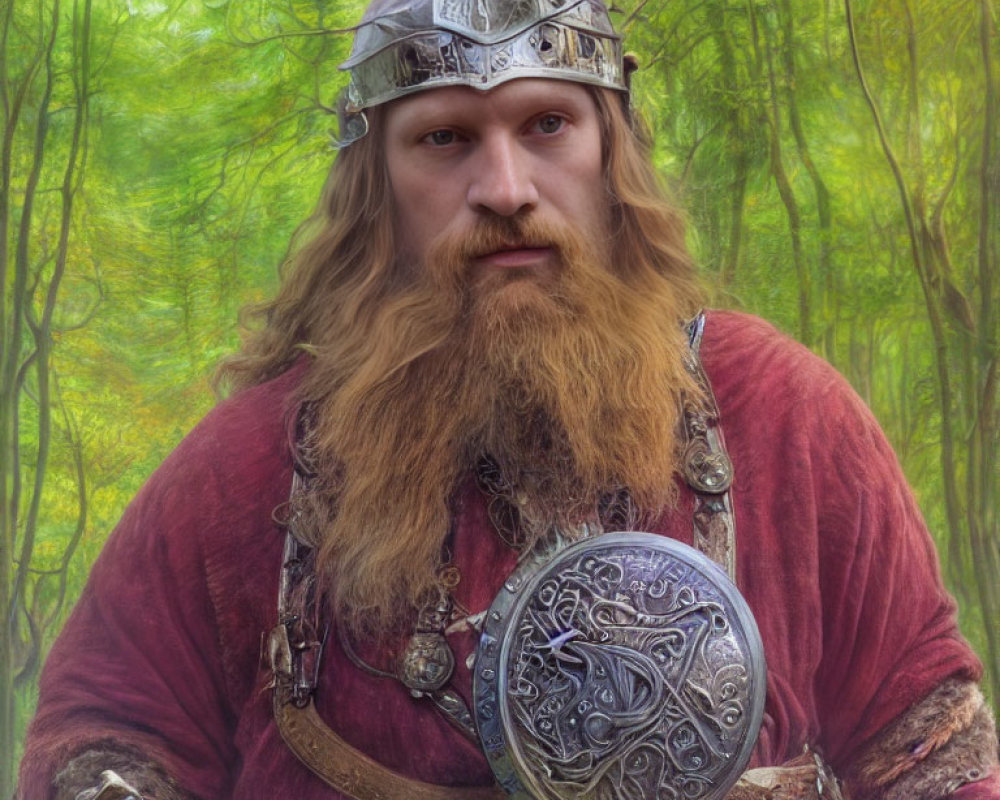 Portrait of a Viking man with long beard, helmet, shield in forest.