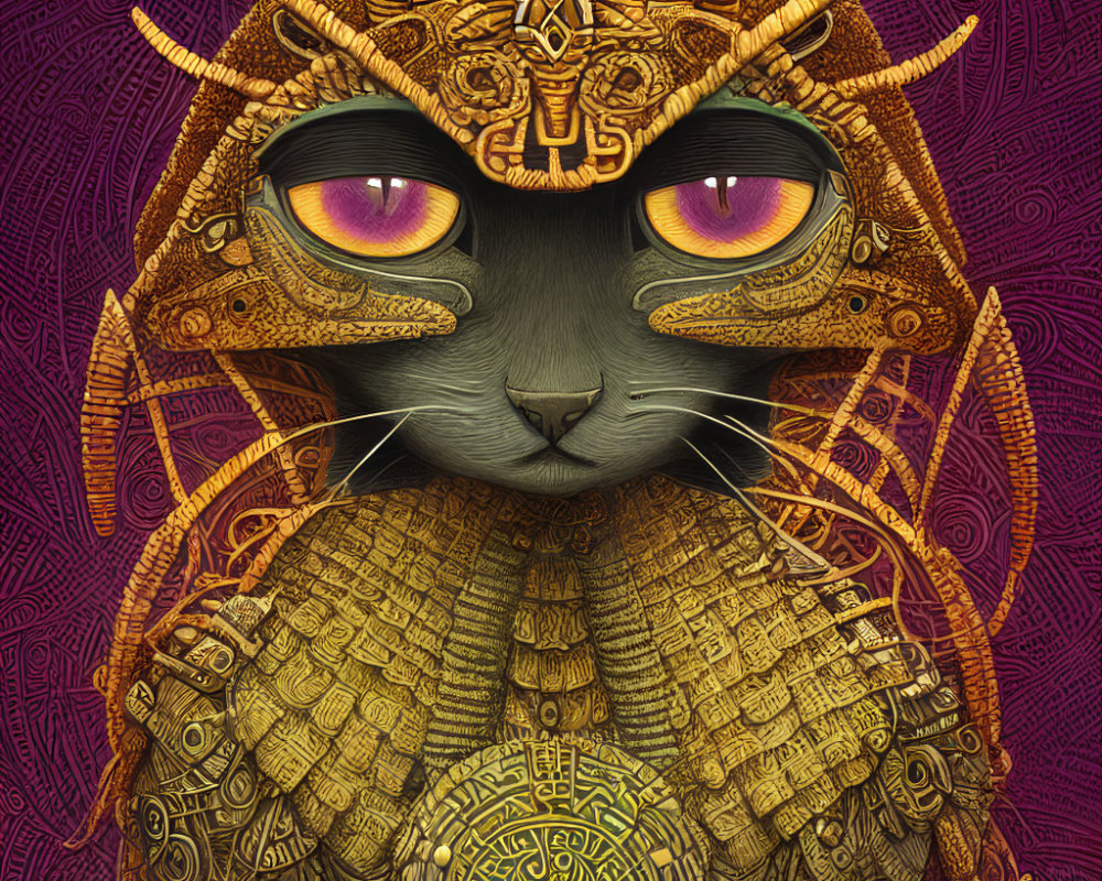 Detailed Cat Illustration with Aztec-Inspired Armor on Purple Background