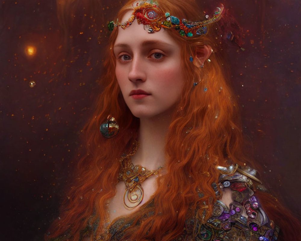 Portrait of woman with red hair and golden headpiece in cosmic setting