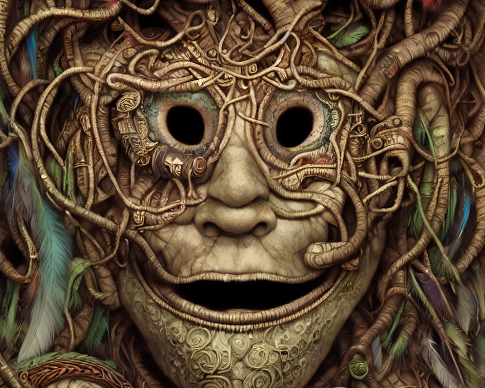 Surreal face with hollow eyes, vines, feathers, and ornate patterns