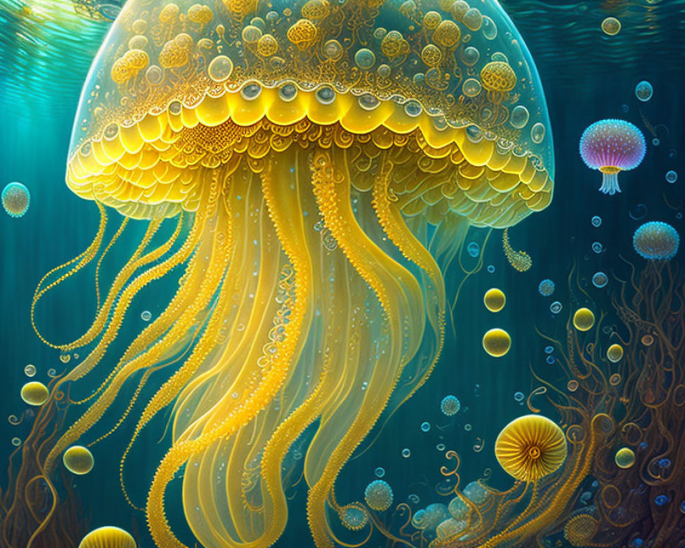 Vibrant golden jellyfish with intricate patterns in luminous underwater illustration