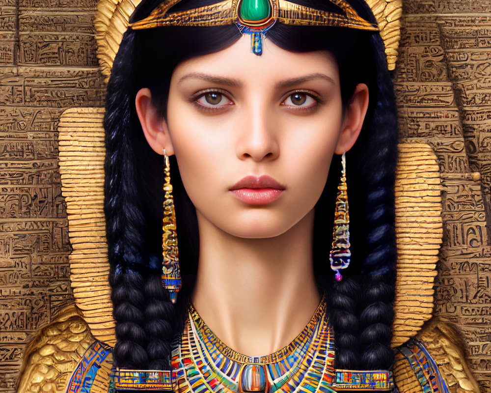 Digital artwork of woman as Egyptian queen with headdress & hieroglyphics.