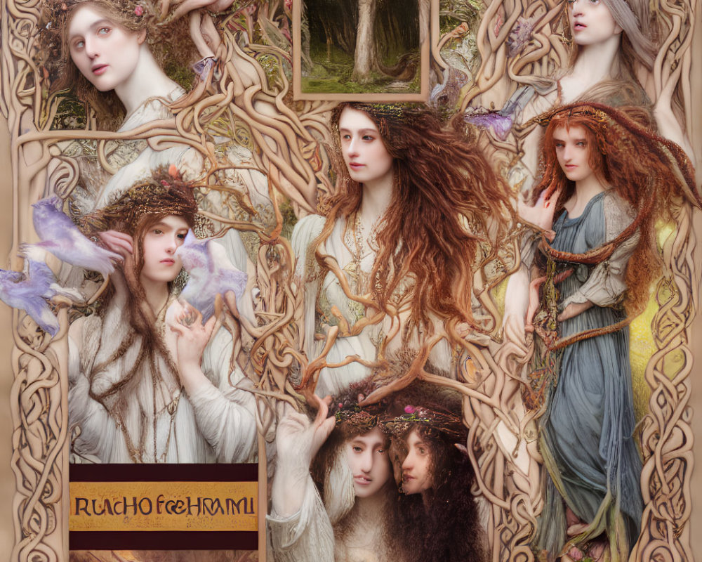 Intricate collage of Pre-Raphaelite women with Celtic knot designs