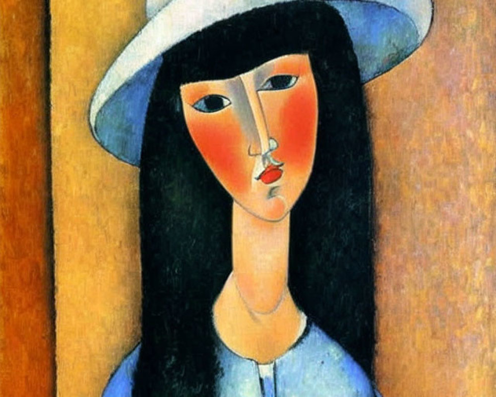 Stylized painting of woman with white hat, black hair, pale face, segmented by colors