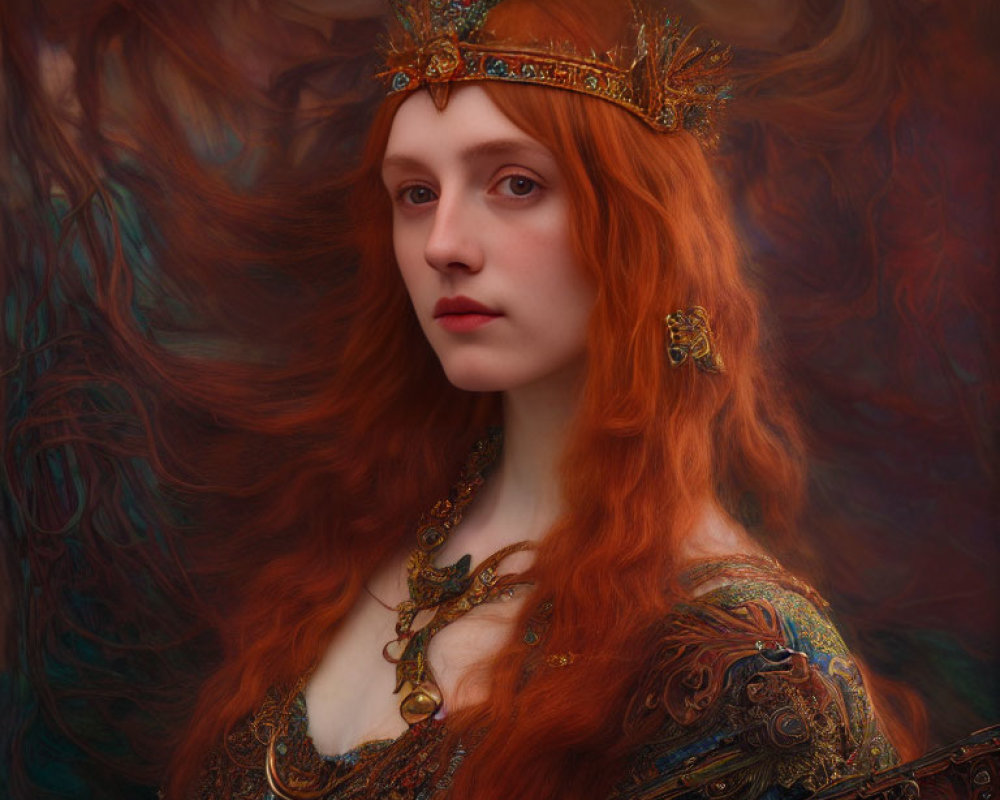 Medieval-inspired portrait of a serene woman with red hair and golden crown in autumnal setting