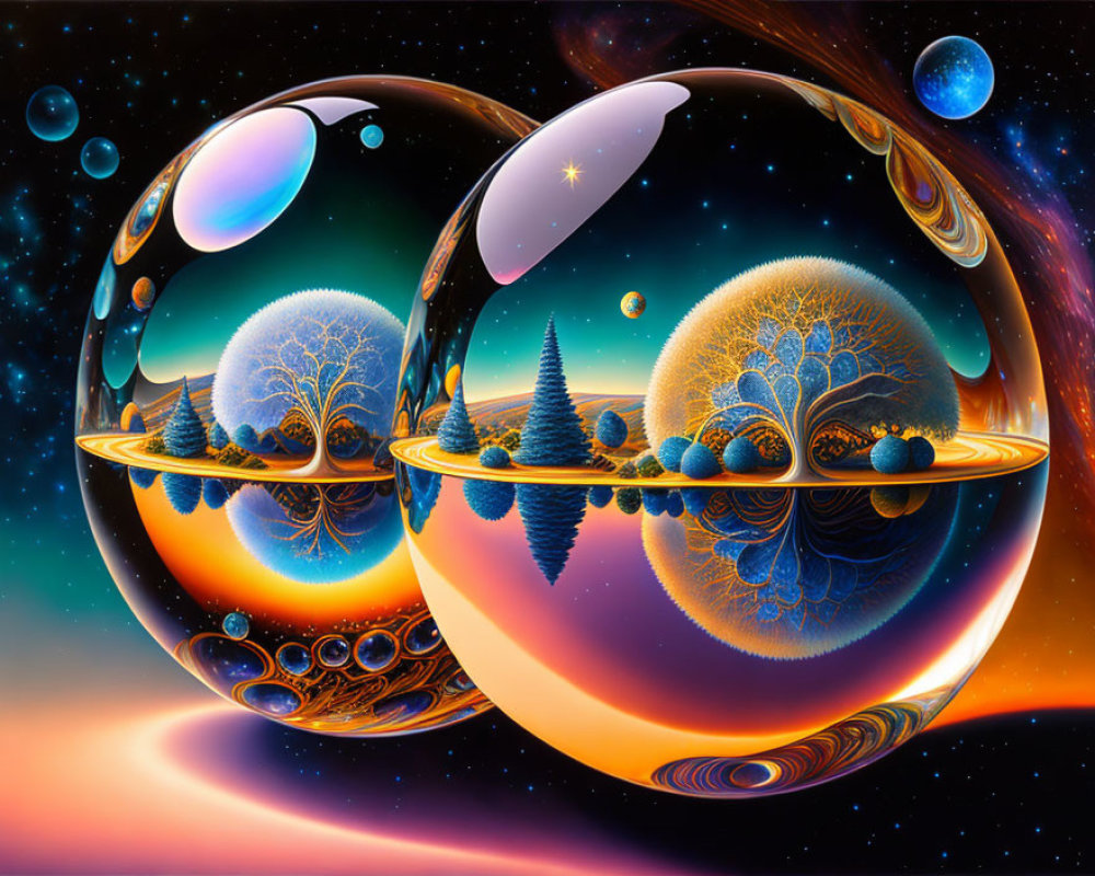 Translucent spheres with trees and celestial bodies in surreal artwork