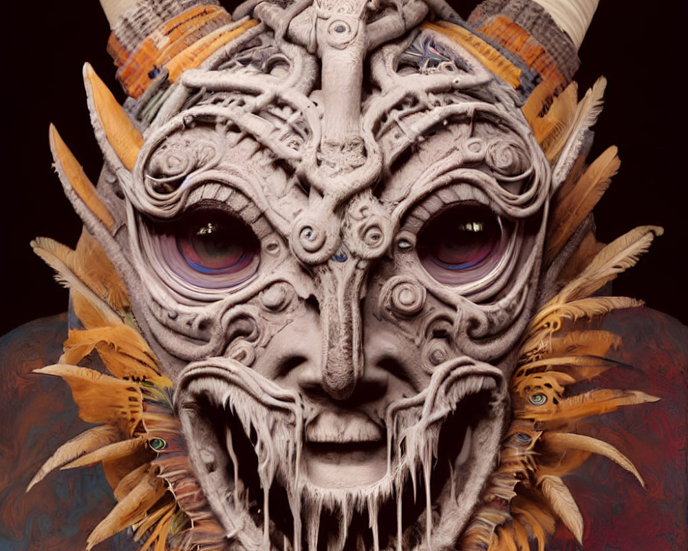 Ornate mask with horns, intricate carvings, and feathers depicting a fierce mythical or tribal