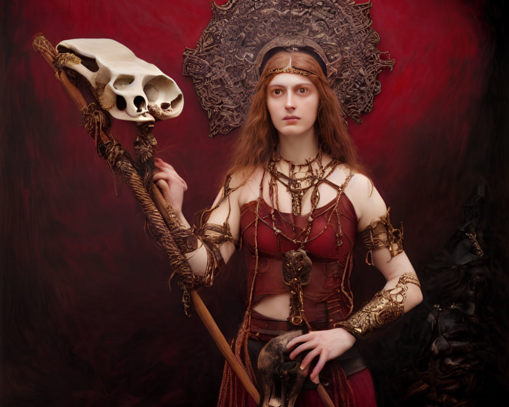 Elaborate fantasy garb woman with skull staff and ornate headpiece on red backdrop