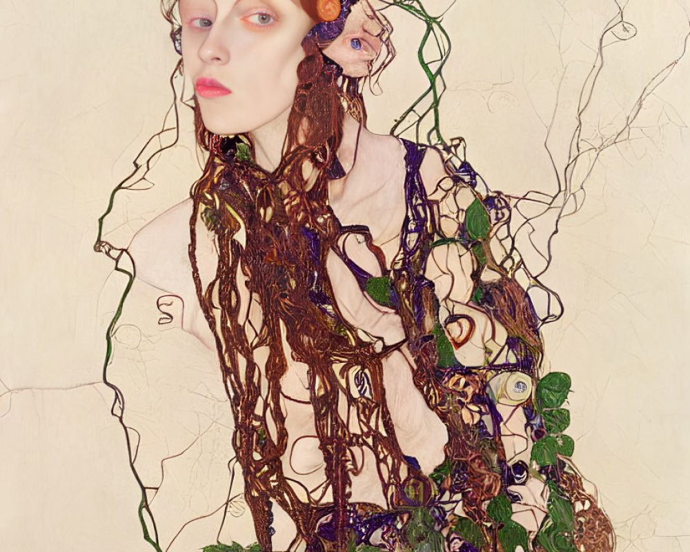 Woman intertwined with vine-like patterns in Art Nouveau style