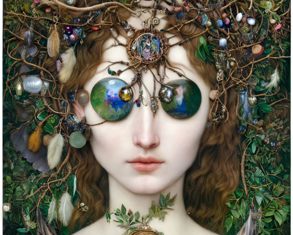 Surreal portrait of a woman with greenery, branches, birds, and cosmic eyes reflecting planets