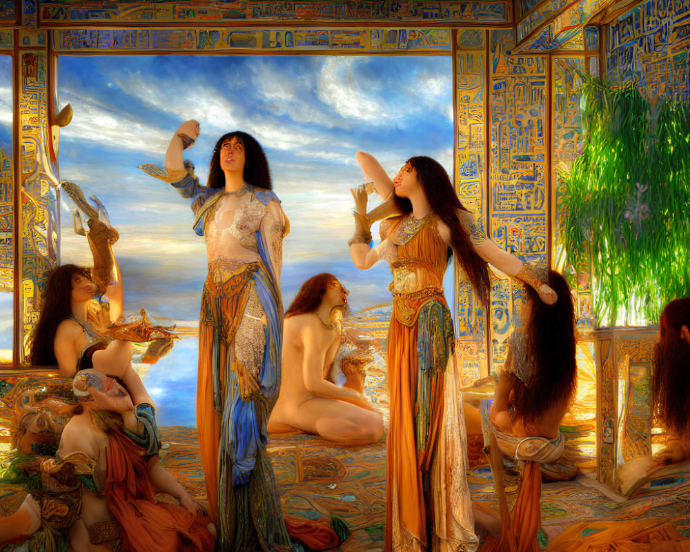 Colorful artwork of women in classical attire posing in a room with intricate patterns.