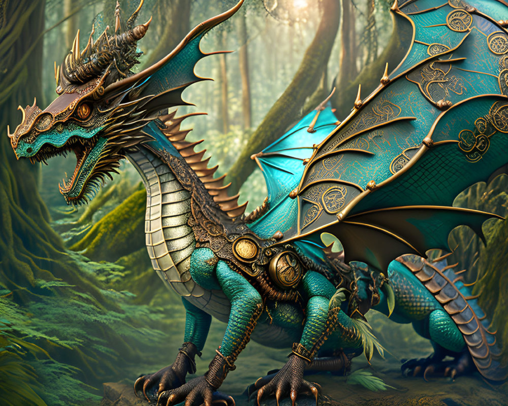 Ornate dragon with turquoise and gold scales in lush forest