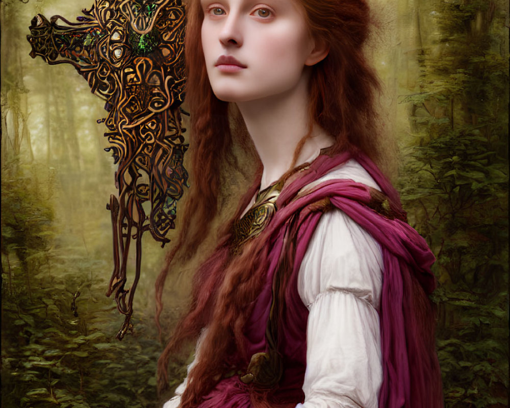 Striking red-haired woman in period attire holding ornate cross in misty forest