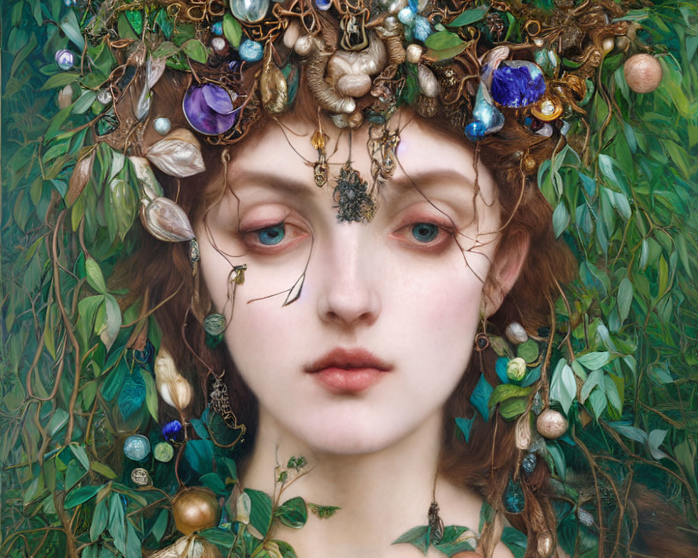 Ethereal woman portrait with leaf, gem, and metallic adornments