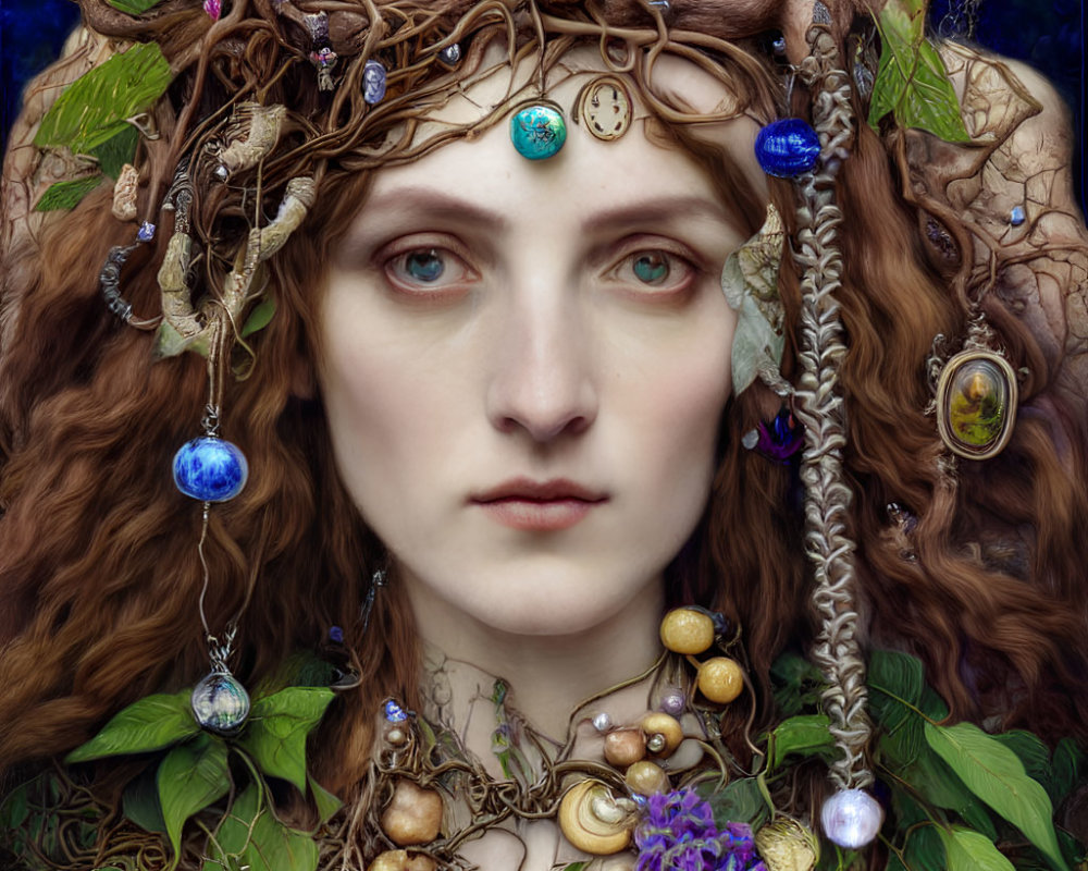 Woman with Branches and Leaves in Curly Hair: Mystical Forest Vibes