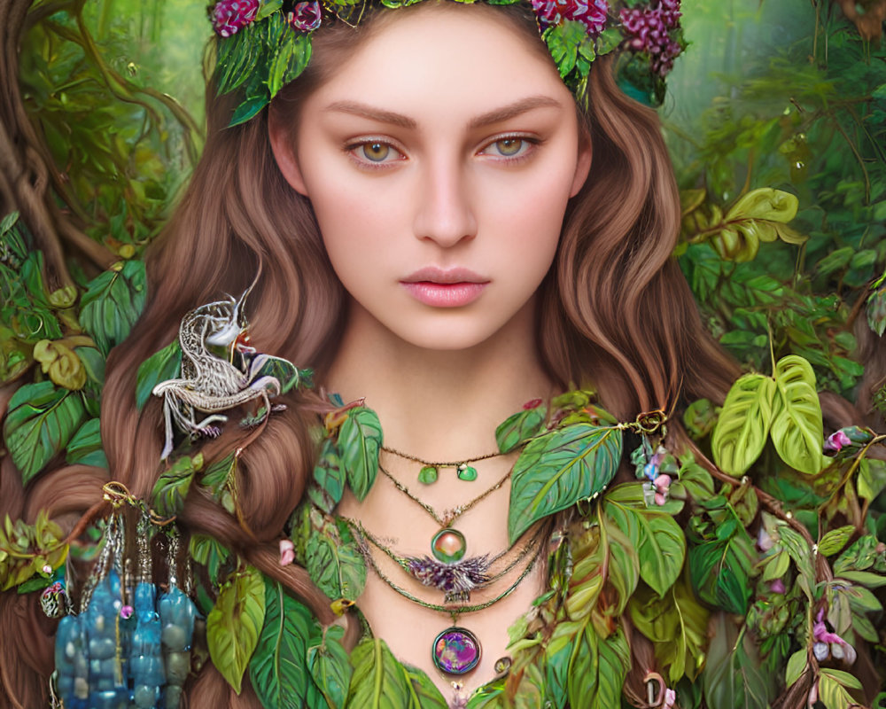 Digital artwork of mystical forest woman with floral wreath and dragon accessory