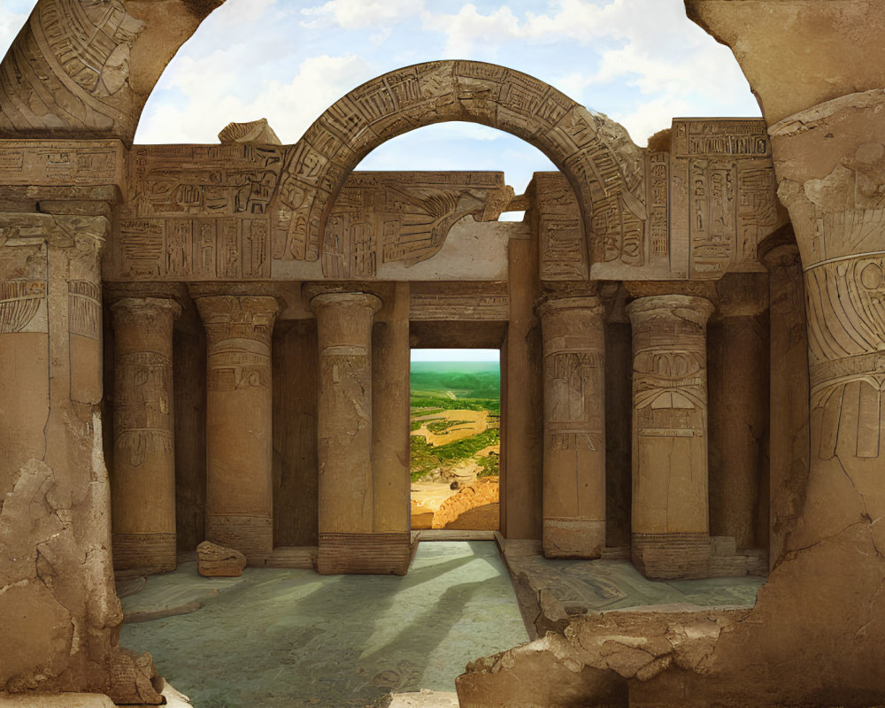 Ancient Stone Temple with Hieroglyphs and Arches in Desert Landscape