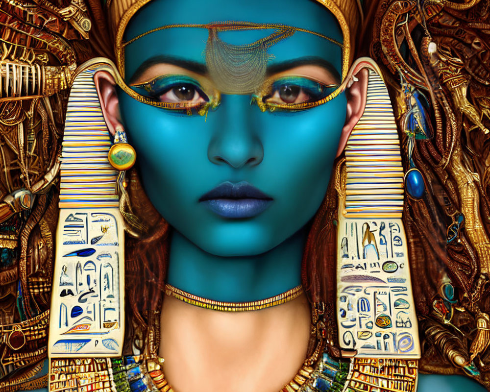 Digital art: Egyptian-themed figure with blue skin, golden headdress, hieroglyphs