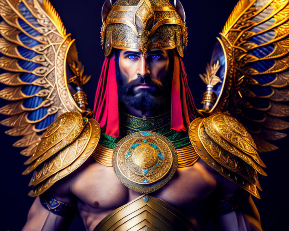 Golden armored warrior with winged shoulders and detailed helmet in stern expression against dark backdrop