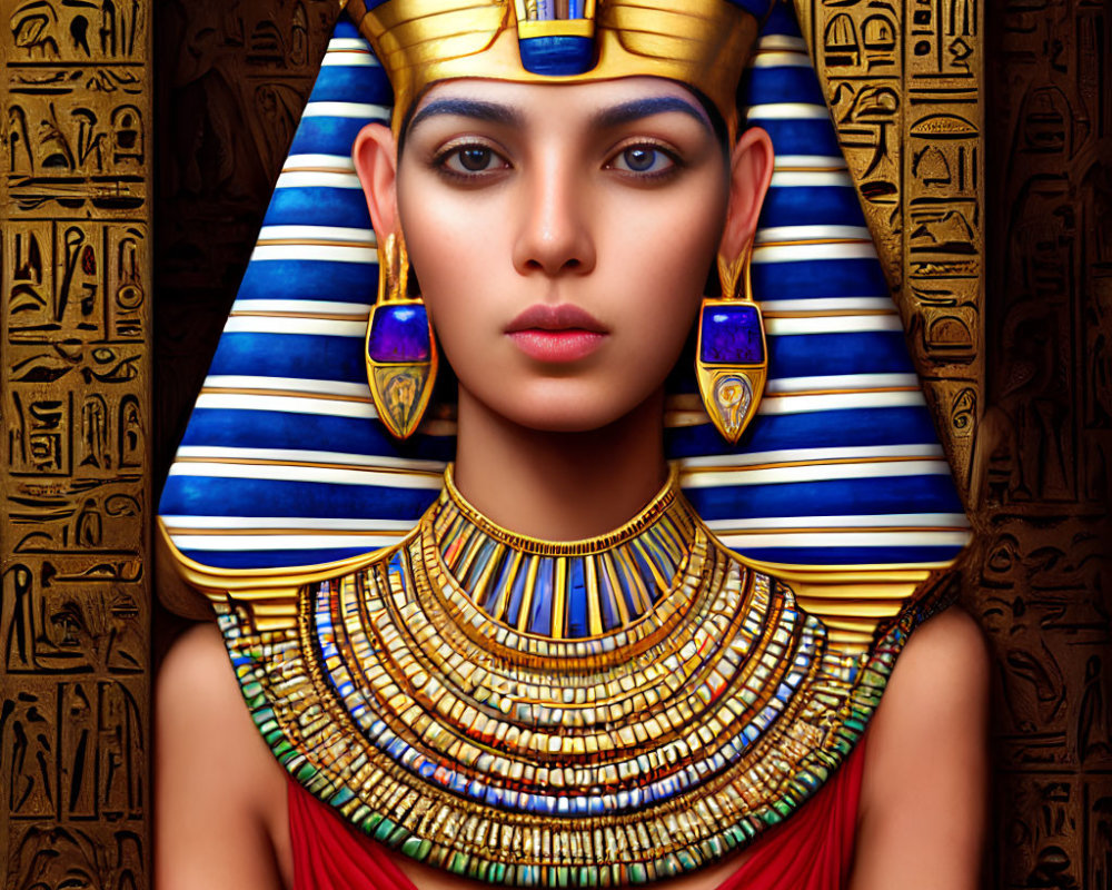 Illustration of Egyptian queen with golden headdress and hieroglyphs