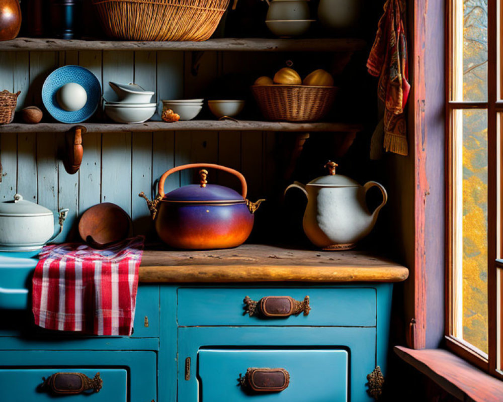 Vintage Kitchen Corner with Teal Cabinet and Ceramic-filled Open Shelving