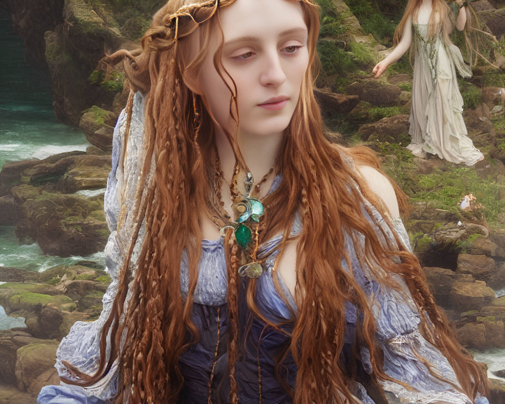 Two women by waterfall: one with braided hair and circlet, another playing harp.