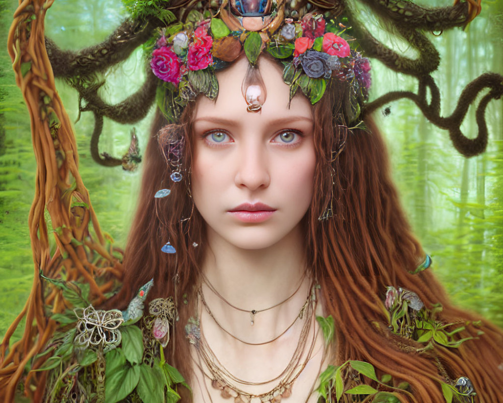 Mystical forest spirit with floral crown and nature-inspired jewelry