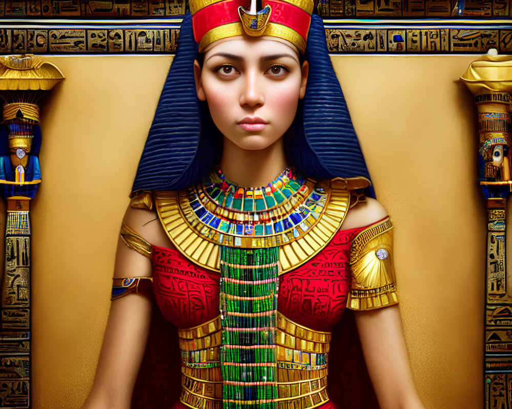 Illustrated portrait of a woman as an ancient Egyptian queen with traditional attire and hieroglyphic backdrop