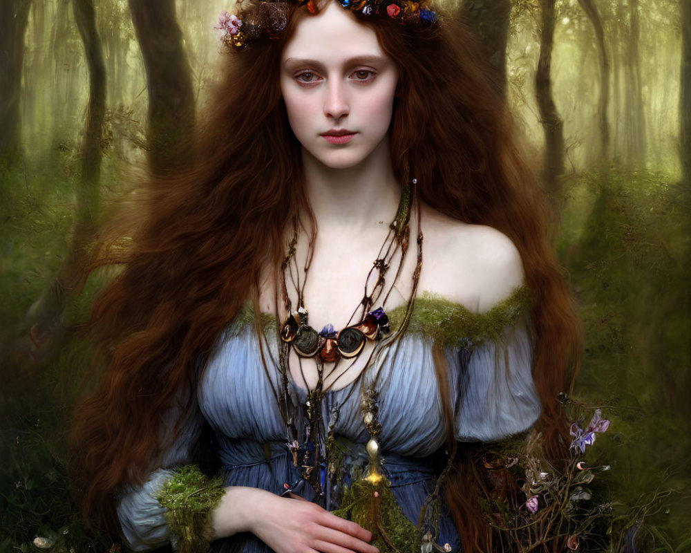 Mystical woman with floral crown in foggy forest portrait.