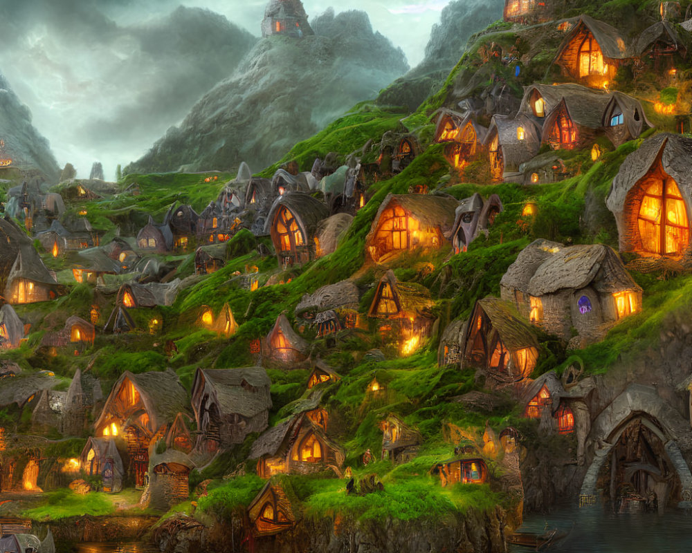 Cozy stone houses in lush hills by a mystical river