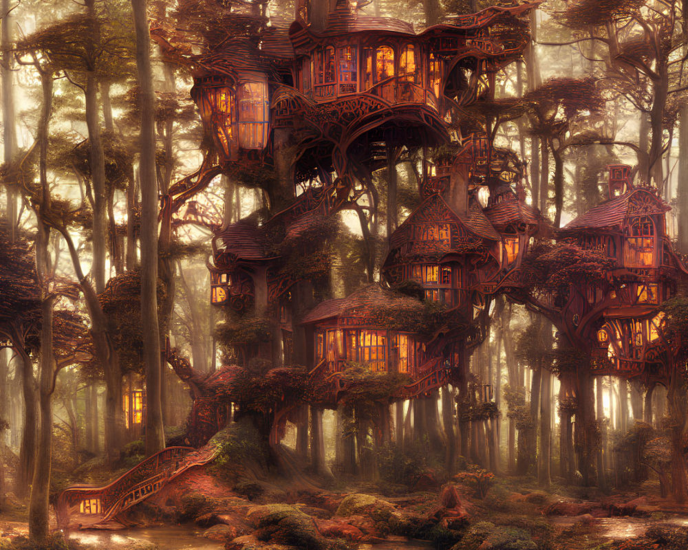 Intricate fantasy treehouses in misty forest