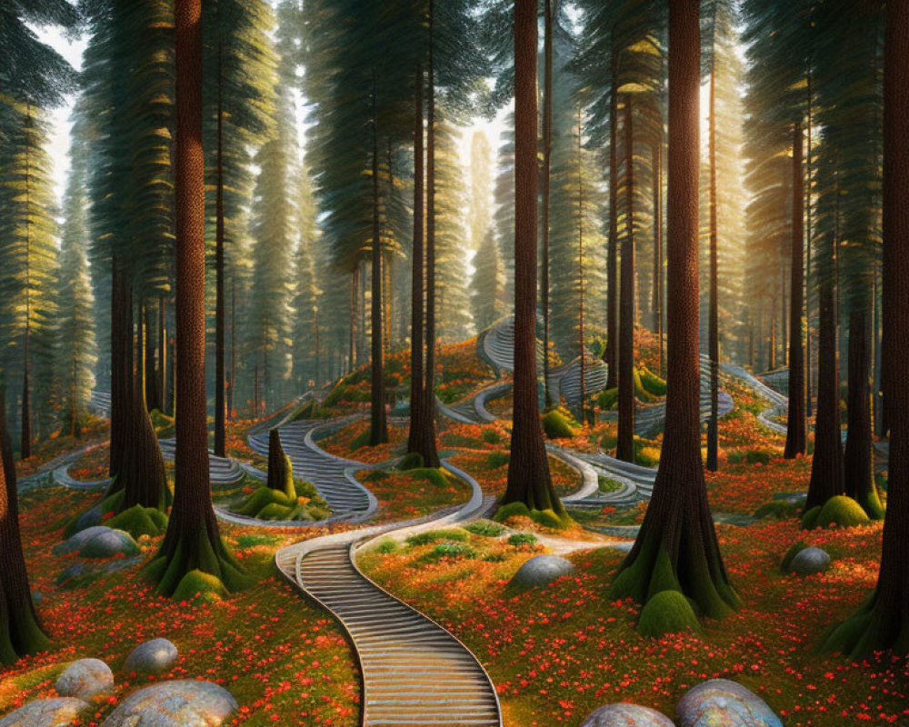 Sunlit Forest with Tall Trees, Winding Pathway, and Autumn Foliage